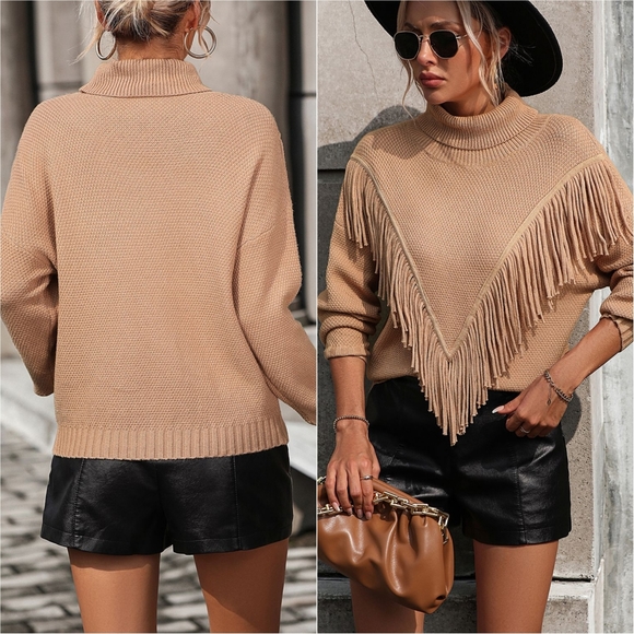 Esme Fringe Turtleneck Sweater - Tan - Picture 2 of 7
